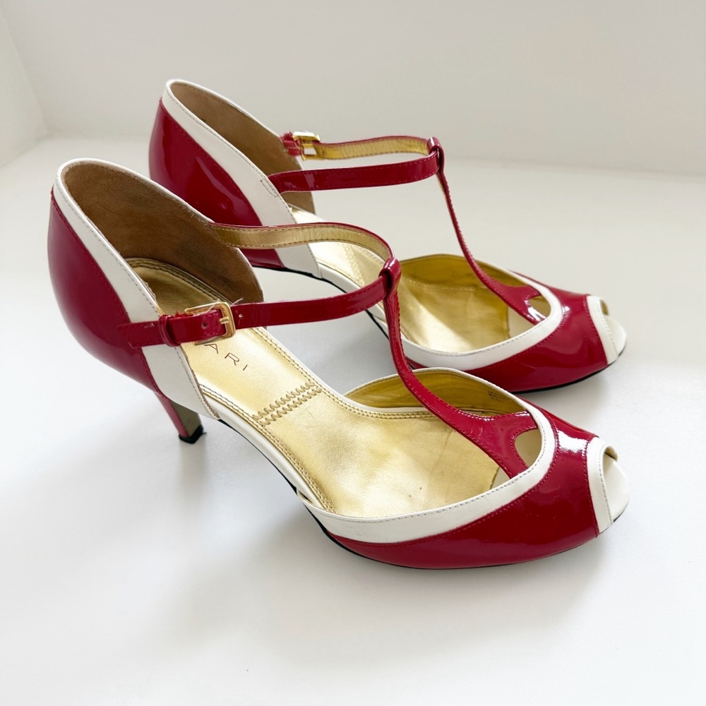 Tahari Darby Red & White Patent Leather T-Strap Peep toe Heels Size 9